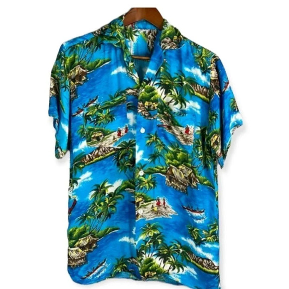 BANEE Vtg Camp Collar Shirt Blue Tropical Print Short Sleeve Rayon Hawaiian S - Picture 2 of 12